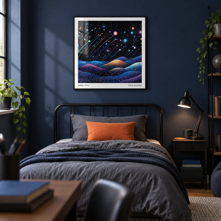 Galaxy Wall Art, framed on the wall of a modern teen boy's bedroom (13-17) with a deep navy painted wall