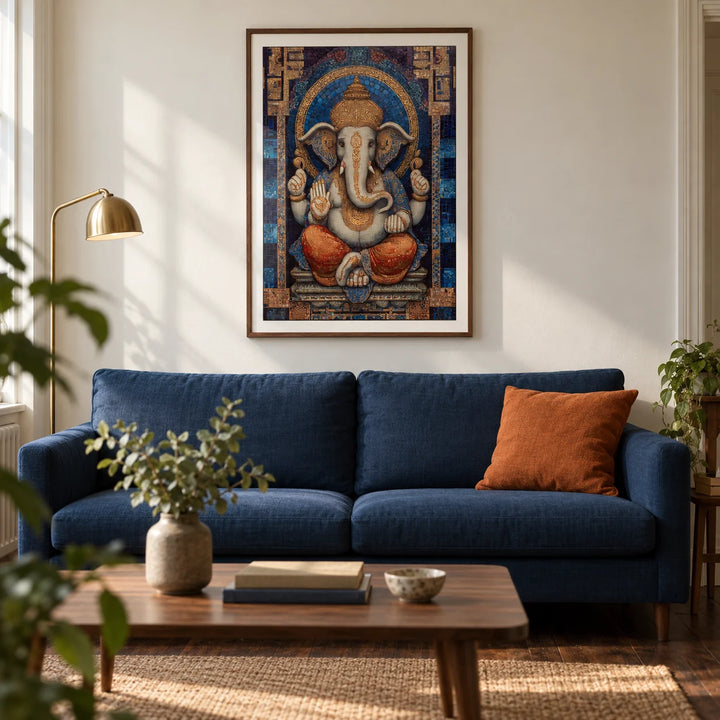 Ganesha Wall Art, framed on the wall of a warm contemporary living room in a British terraced home with ivory plaster walls and dark wood floorboards