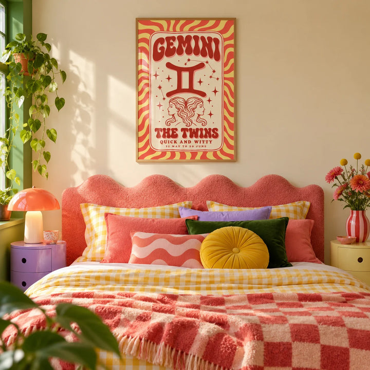 Gemini Poster, framed on the wall of a colourful dopamine bedroom