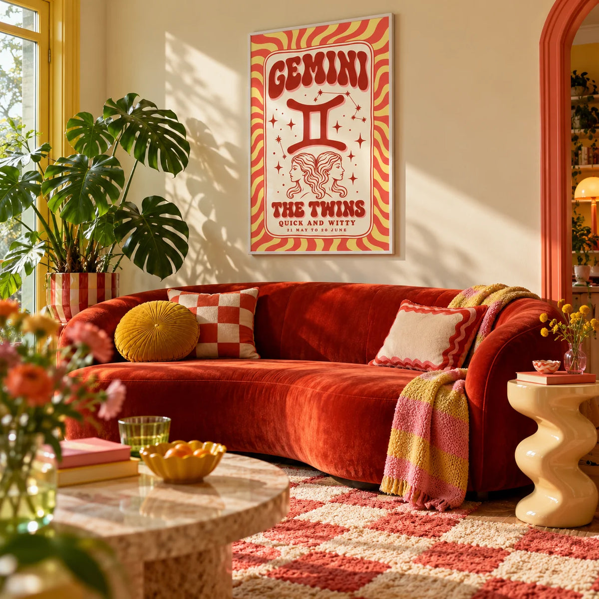 Gemini Poster, framed on the wall of a maximalist living room