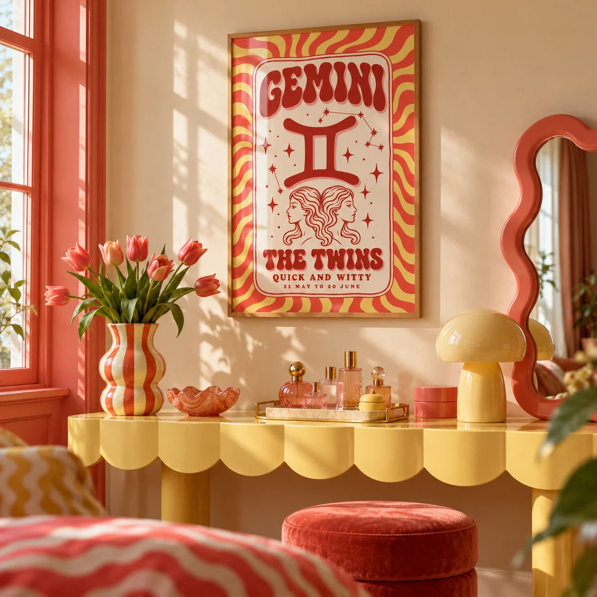 Gemini Poster, framed on the wall of a playful dressing area in a bathroom