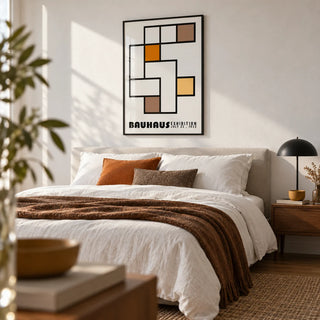 Geometric Abstract Art, framed on the wall of a crisp modern bedroom with a white wall