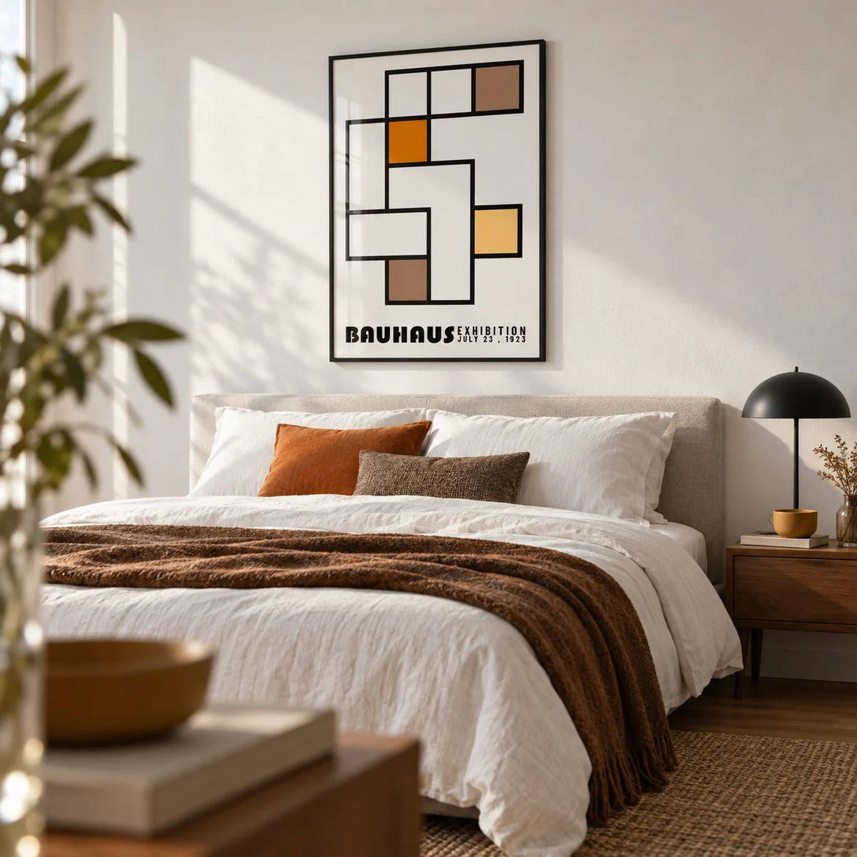 Geometric Abstract Art, framed on the wall of a crisp modern bedroom with a white wall
