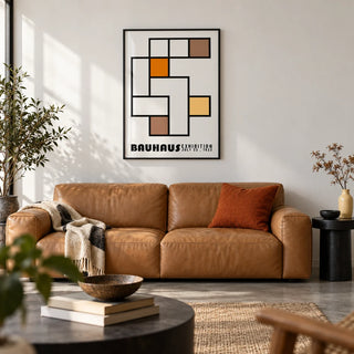 Geometric Abstract Art, framed on the wall of a design-led city flat living room with a white wall and a concrete floor