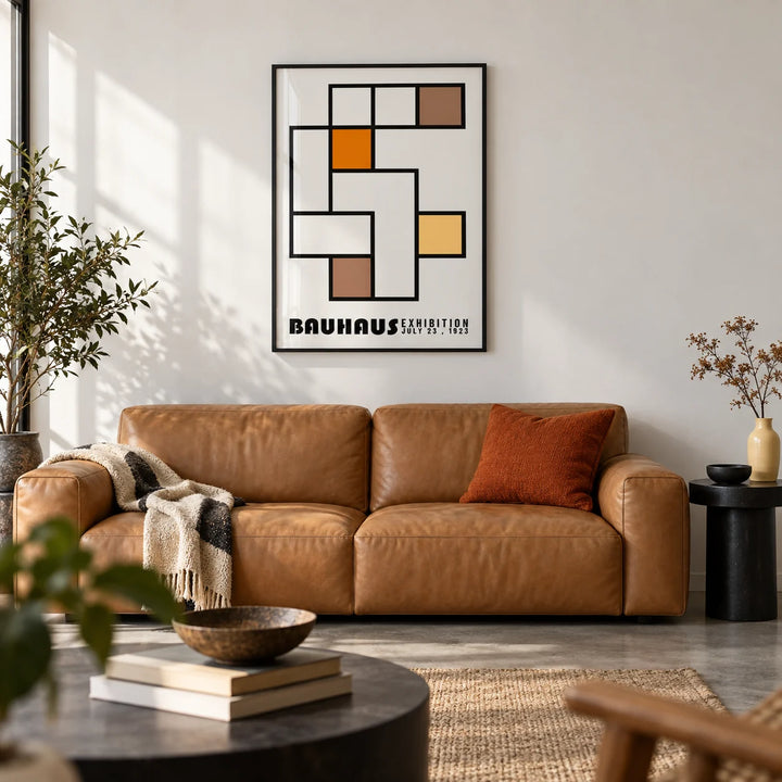 Geometric Abstract Art, framed on the wall of a design-led city flat living room with a white wall and a concrete floor