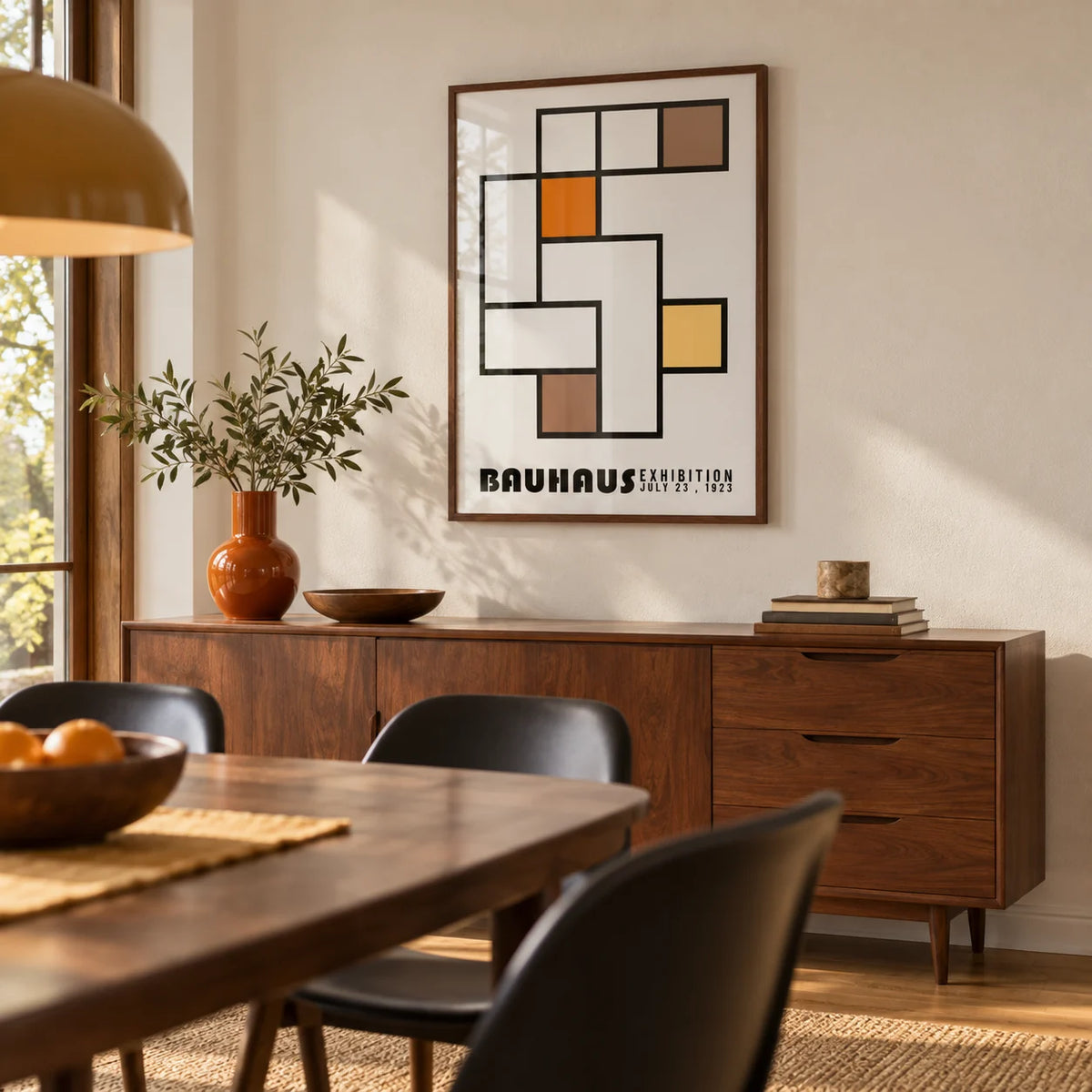 Geometric Abstract Art, framed on the wall of a mid-century dining room with a warm white wall
