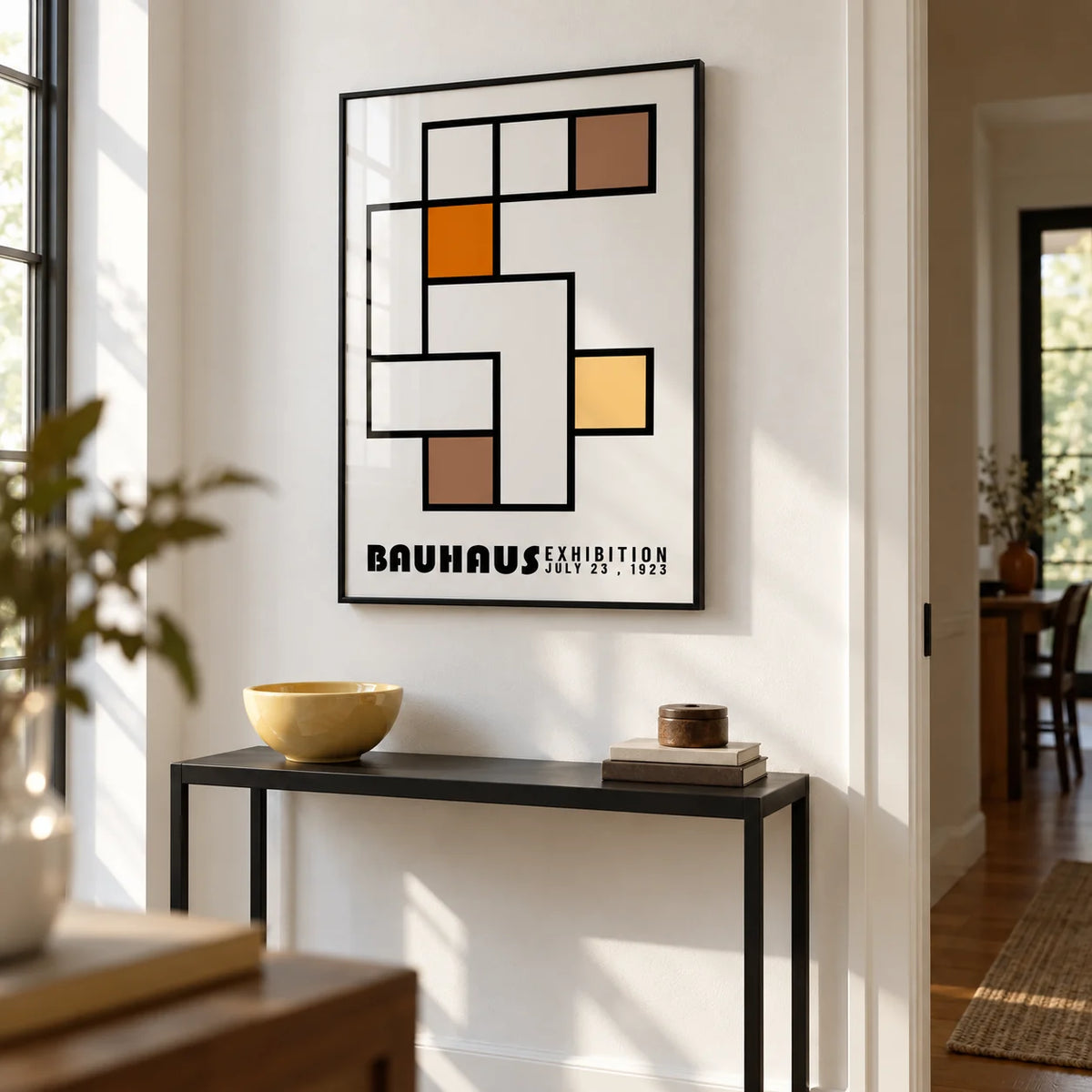 Geometric Abstract Art, framed on the wall of a modern hallway with a white wall