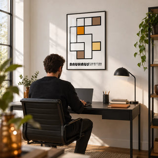 Geometric Abstract Art, framed on the wall of a modern home office with a white wall