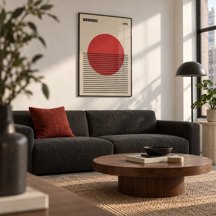 Geometric Art Print, framed on the wall of a modern city apartment living room