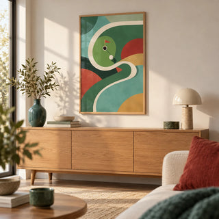 Geometric Golf Art Print, framed on the wall of a modern living room