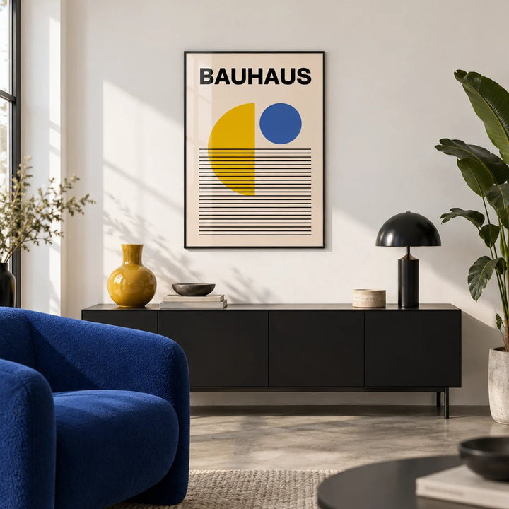 Geometric Lines Art, framed on the wall of a design-led living room with a white wall and a concrete floor