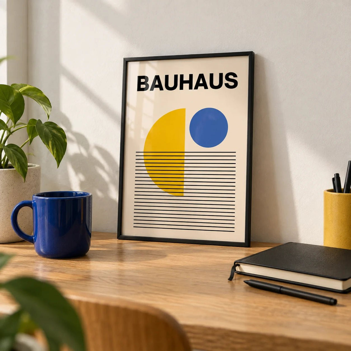 Geometric Lines Art, a small A4 framed print leaning on an oak desk