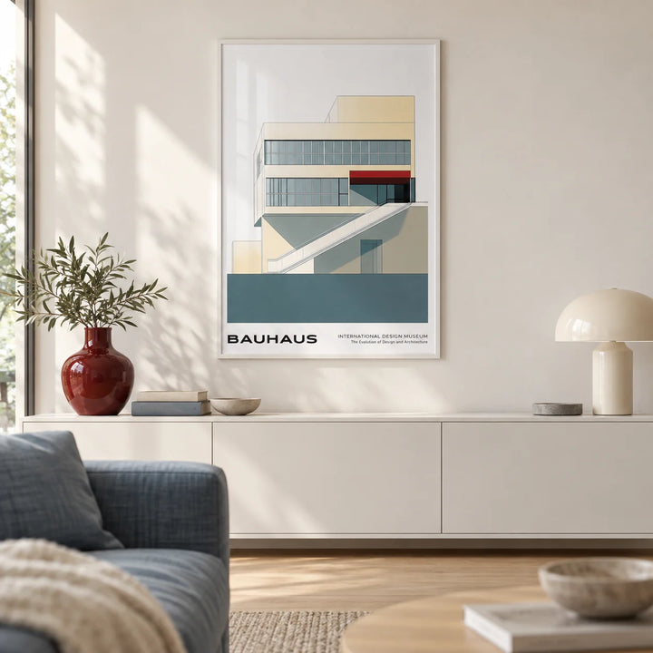 Geometric Mid Century Modern Art, framed on the wall of a calm modern living room with a warm white wall and a pale oak floor