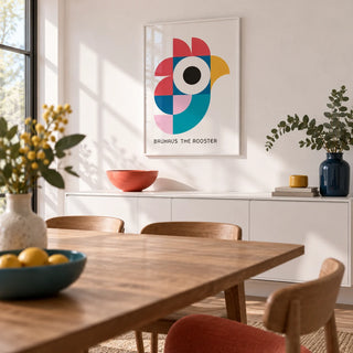 Geometric Pattern Art, framed on the wall of a modern dining room with a white wall