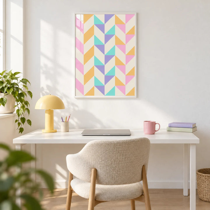 Geometric Pattern Print, framed on the wall of a bright home office with a plain white wall and a pale oak floor