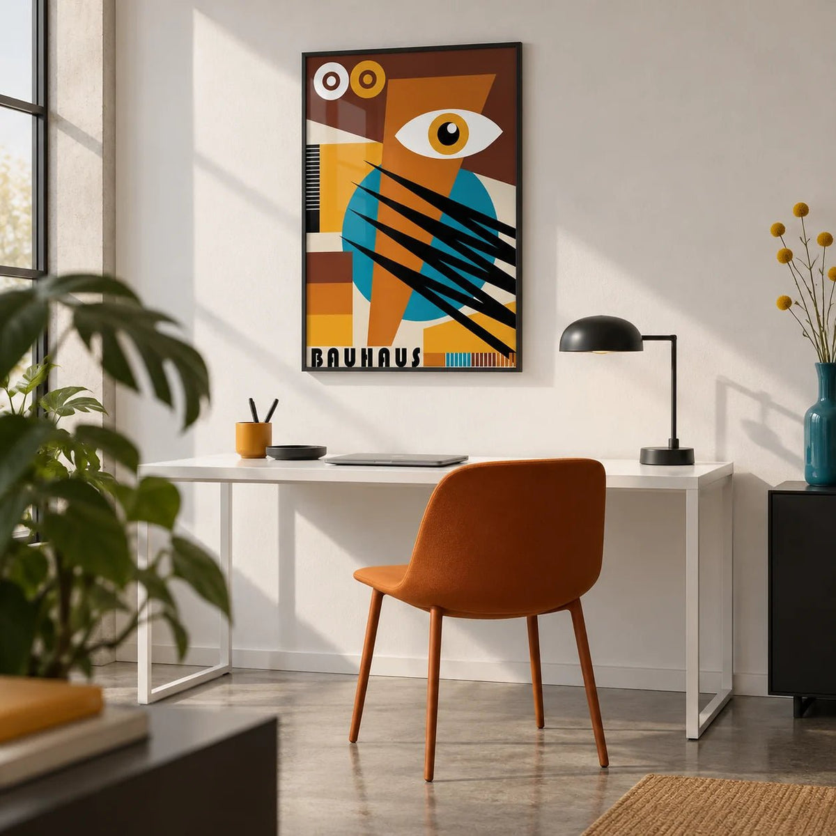Geometric Poster, framed on the wall of a design studio with a polished concrete floor in a home office