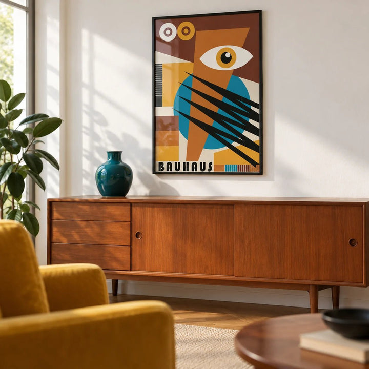 Geometric Poster, framed on the wall of a retro mid-century living room