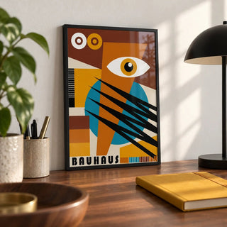 Geometric Poster, a small A4 framed print leaning on a walnut desk