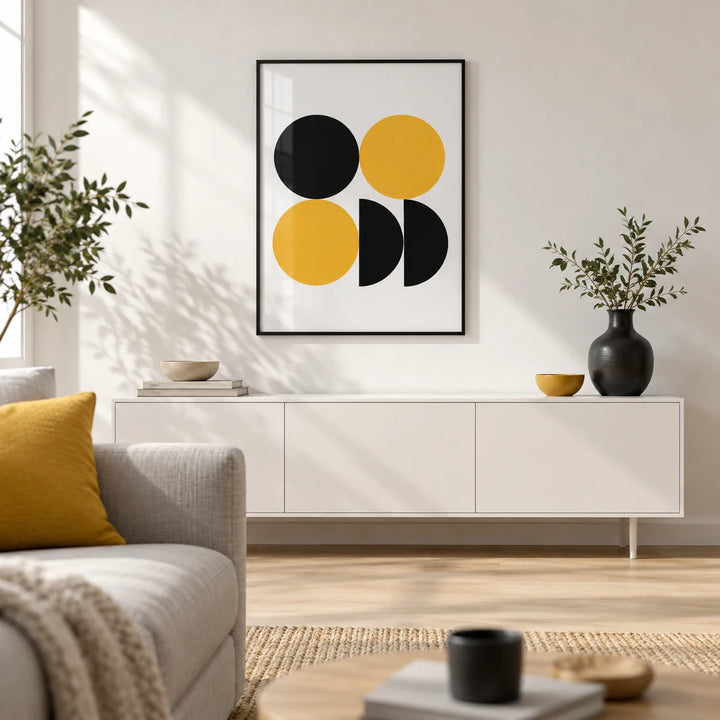Geometric Posters, framed on the wall of a bright Scandi-modern living room with a white wall and a pale oak floor