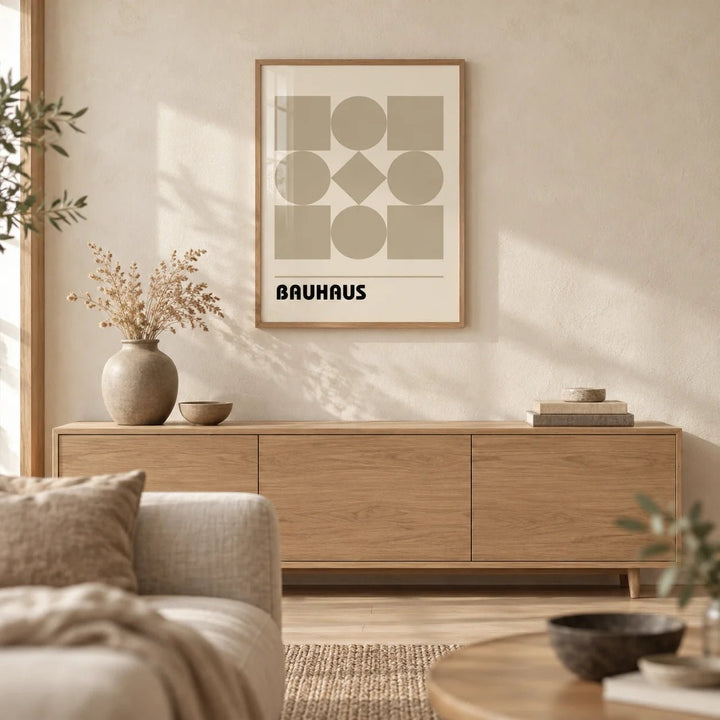 Geometric Shape Art, framed on the wall of a calm Japandi living room with a warm cream limewashed wall and a pale oak floor