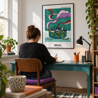 Geometric Smoke Art Print, framed on the wall of a bright home study in a creative adult's UK flat with a white wall and a teal painted desk