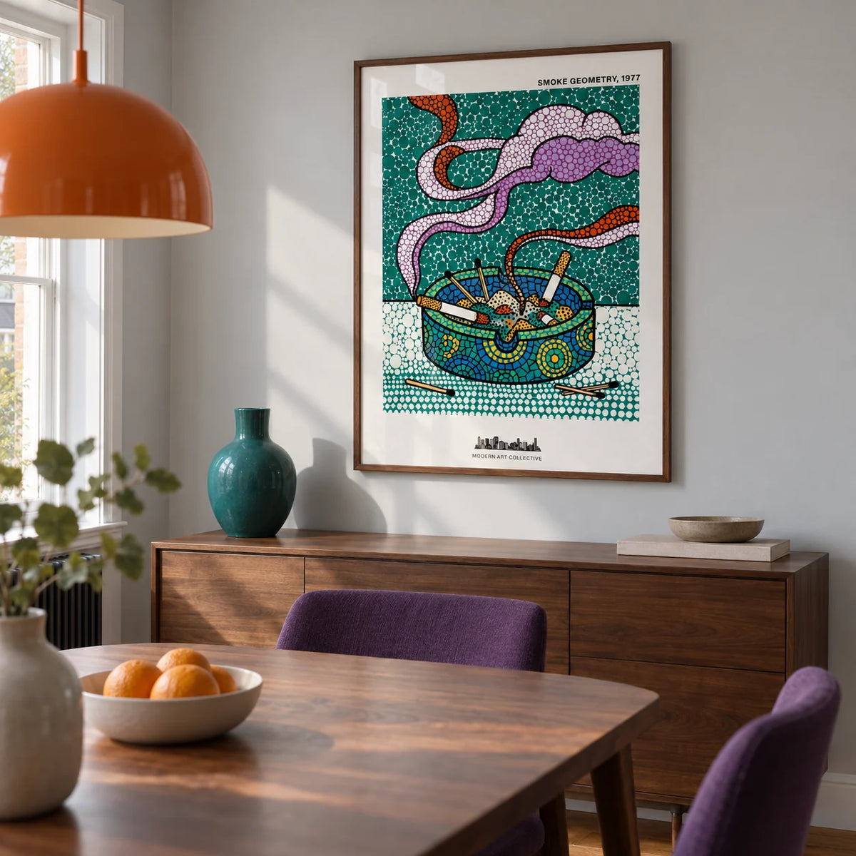 Geometric Smoke Art Print, framed on the wall of a compact modern dining room in a UK terrace with a pale grey wall and a walnut dining table
