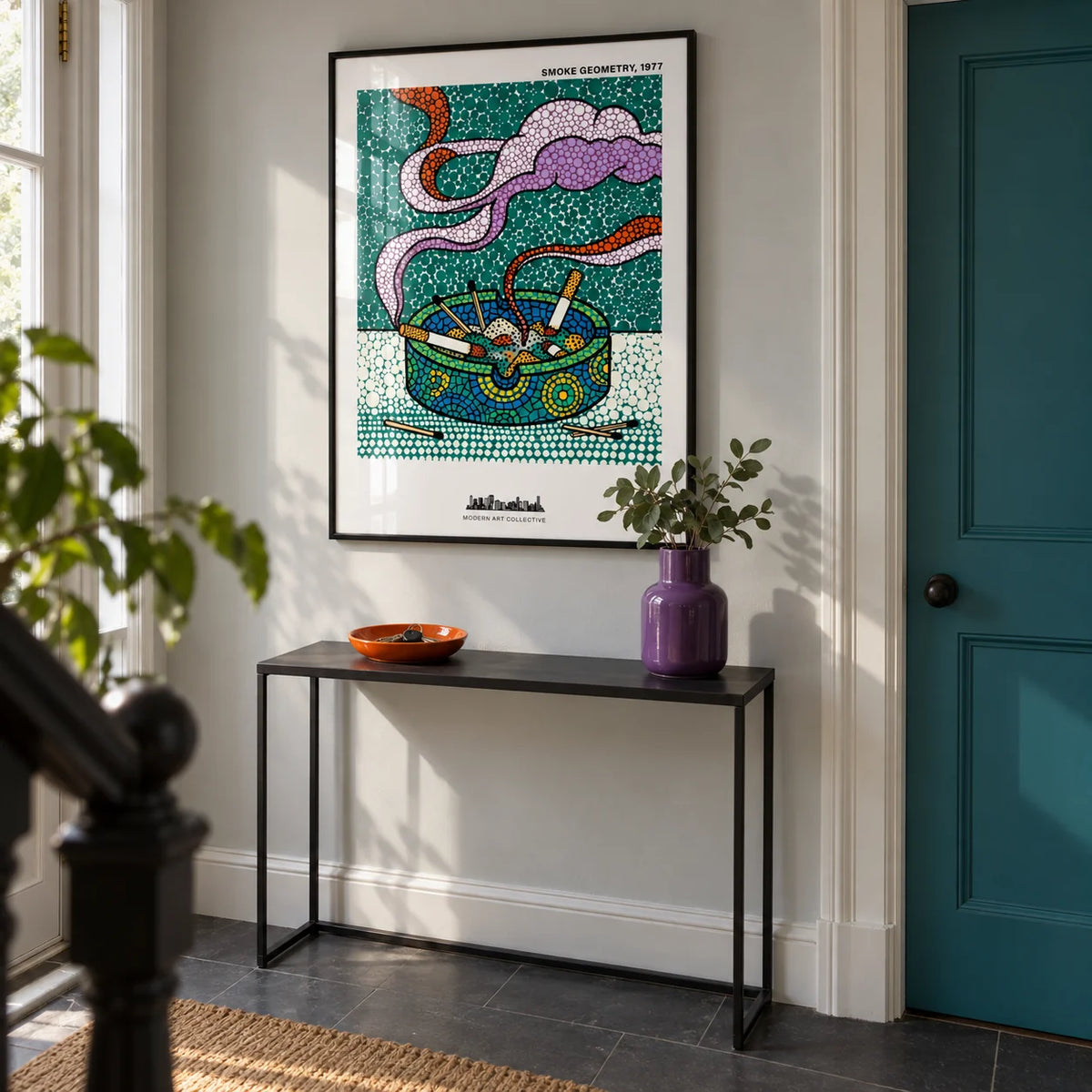 Geometric Smoke Art Print, framed on the wall of a crisp entrance hallway in a renovated UK terrace with a pale grey wall and plain dark floor tiles