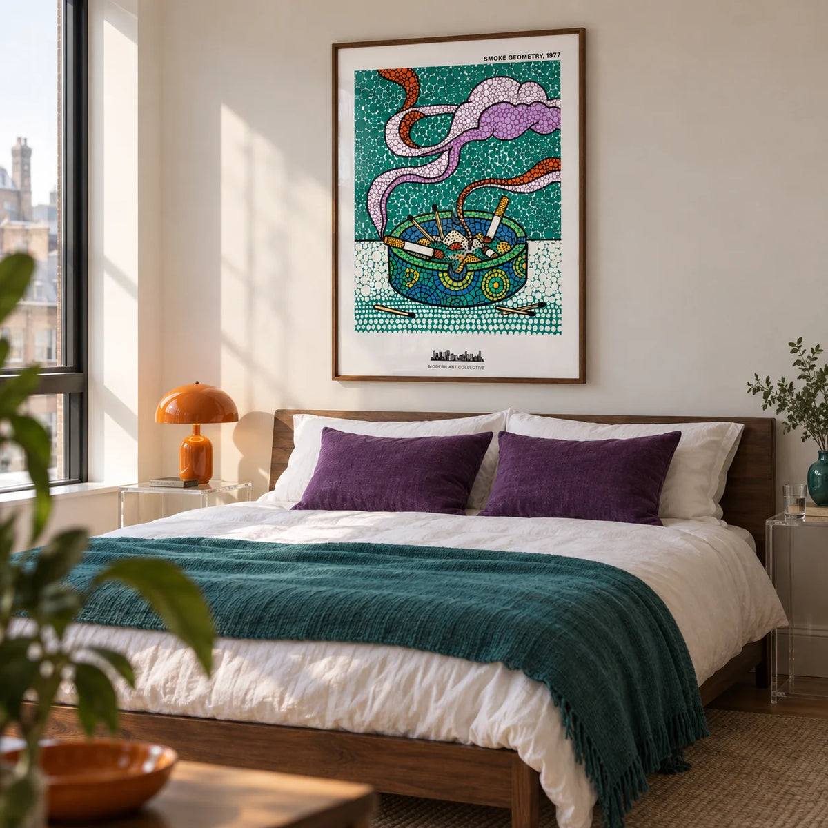 Geometric Smoke Art Print, framed on the wall of a modern adult bedroom in a UK city flat with an off-white wall and a low walnut double bed