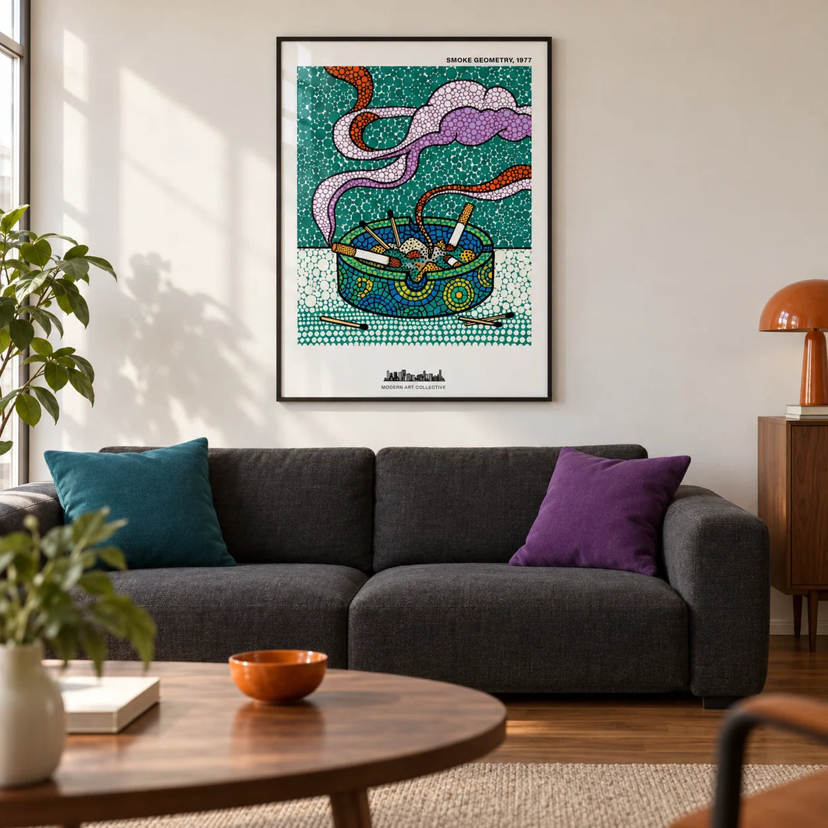 Geometric Smoke Art Print, framed on the wall of a modern living room in a design-led UK city flat with a warm white wall and walnut flooring