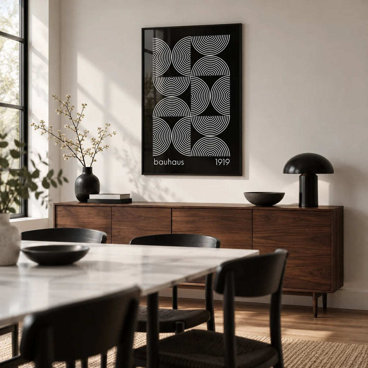 Geometric Wall Art, framed on the wall of a monochrome dining room