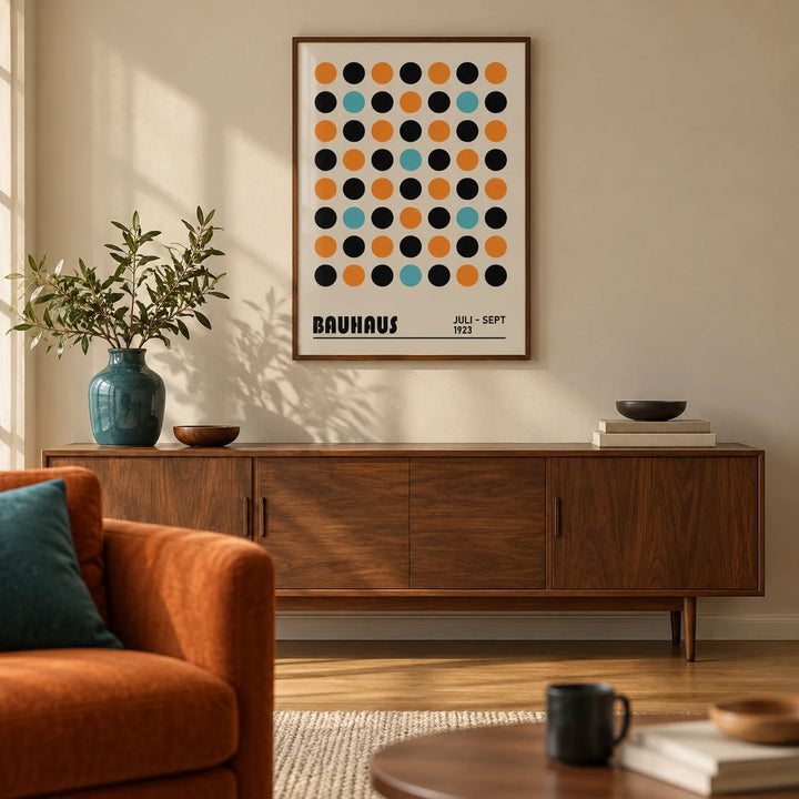 Geometric Wall Decor, framed on the wall of a mid-century living room with a warm beige wall and an oak floor