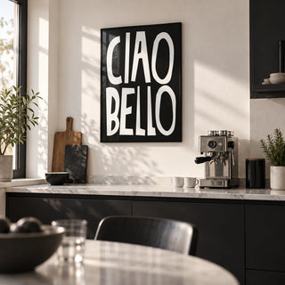 Gift for Italian Man, framed on the wall of a modern black and white kitchen