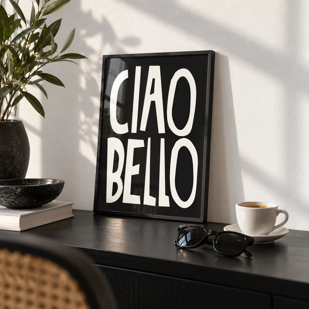 Gift for Italian Man, a small A4 framed print leaning on a black shelf in a living room