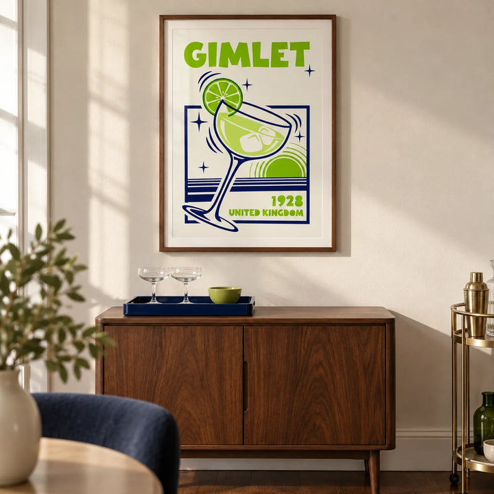 Gimlet Cocktail Poster, framed on the wall of a compact home bar in a design-led UK flat with an ivory wall and walnut floor in a living room