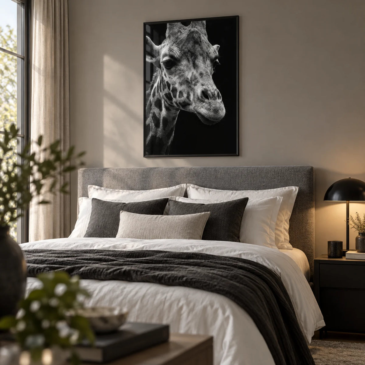 Giraffe Photography Poster, framed on the wall of a calm grown-up bedroom with a warm grey wall