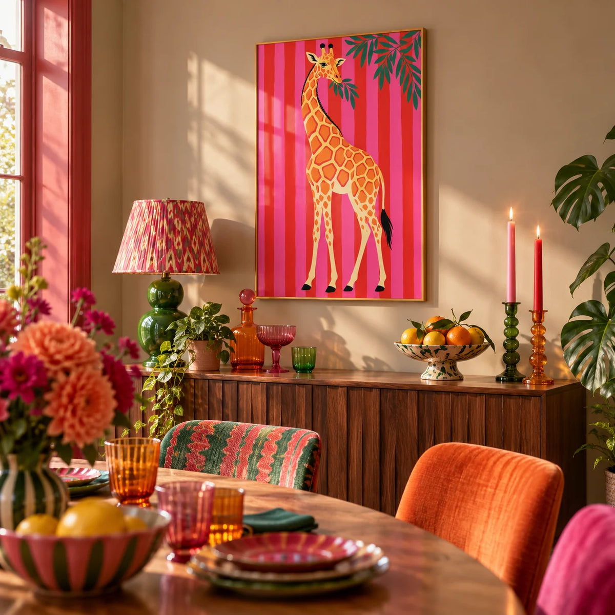 Giraffe Wall Art, framed on the wall of a maximalist dining room