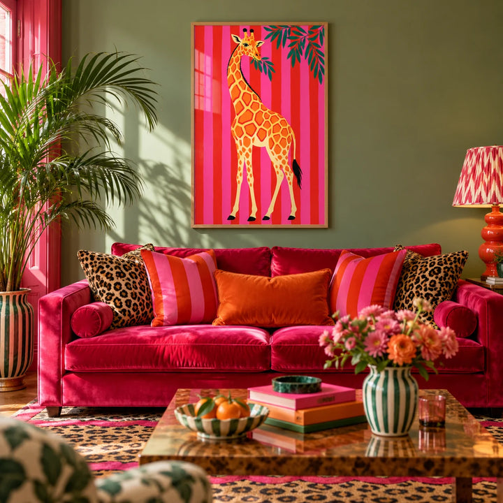 Giraffe Wall Art, framed on the wall of a maximalist living room