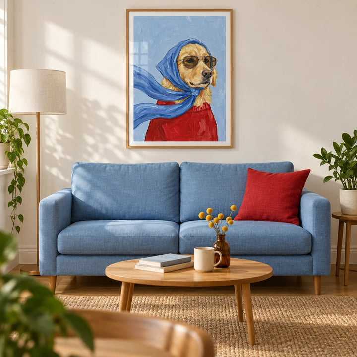 Golden Retriever Art, framed on the wall of a cheerful contemporary living room in a UK first flat (22-28)