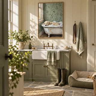 Golden Retriever Wall Art, framed on the wall of a country boot room with cream painted panelling and a stone floor in a hallway