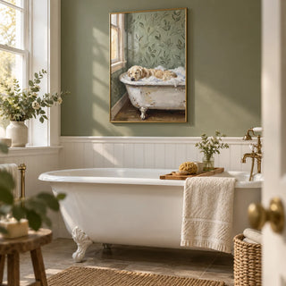 Golden Retriever Wall Art, framed on the wall of a family bathroom with a solid sage green painted wall and plain white panelling to dado height