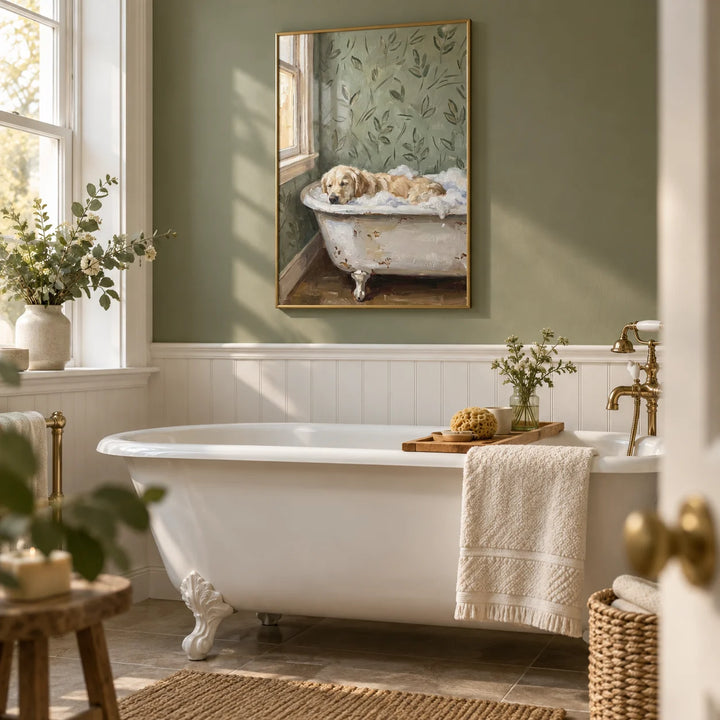 Golden Retriever Wall Art, framed on the wall of a family bathroom with a solid sage green painted wall and plain white panelling to dado height