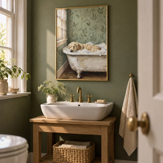 Golden Retriever Wall Art, framed on the wall of a small downstairs cloakroom with a deep sage green painted wall in a bathroom