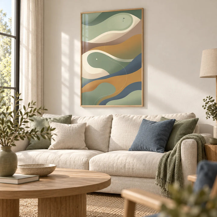 Golf Abstract Art Print, framed on the wall of a calm living room