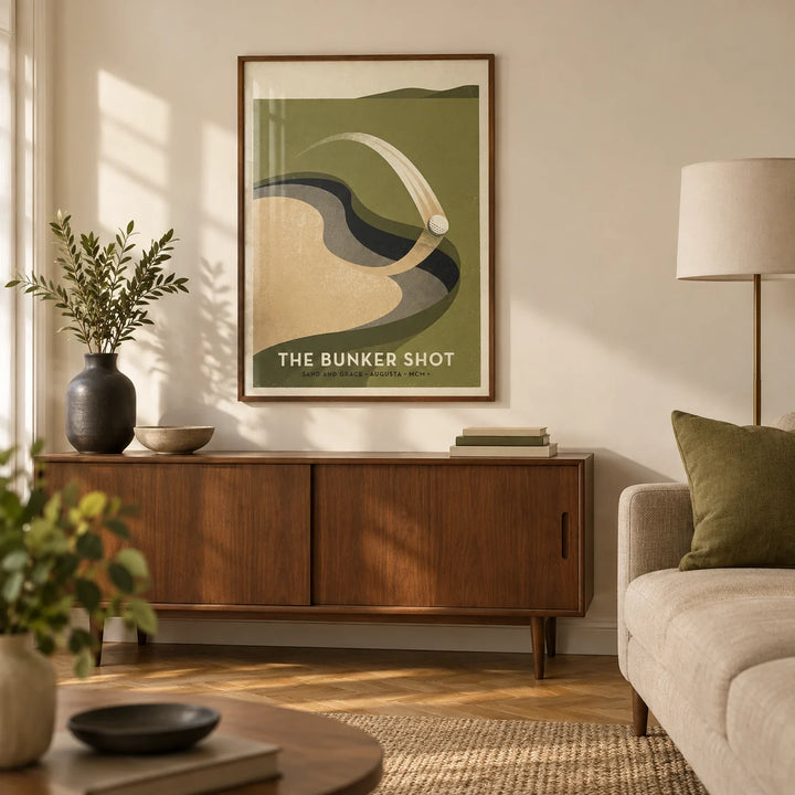Golf Bunker Art Print, framed on the wall of a mid-century living room in a UK flat with a warm cream wall and oak parquet floor