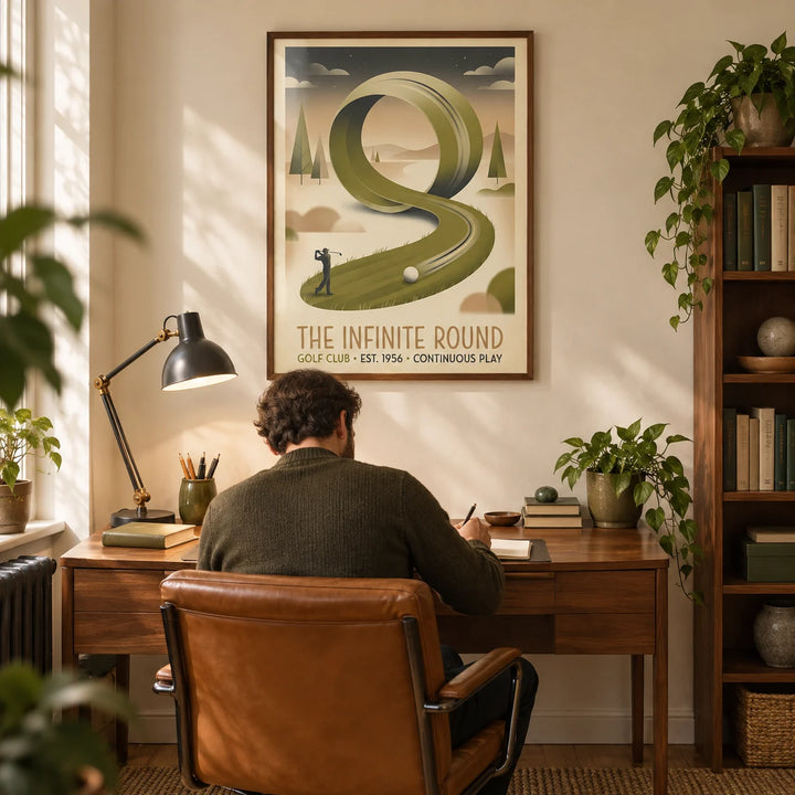 Golf Club Art Print, framed on the wall of a warm retro study in a UK terraced house with a cream wall and walnut furniture