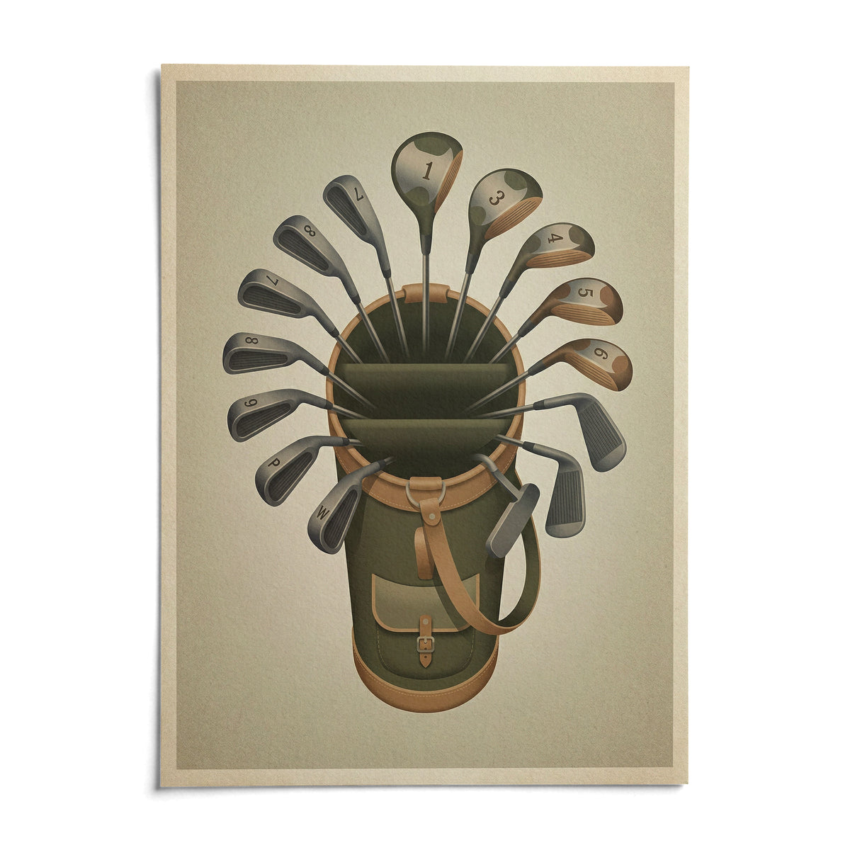 Golf Clubs Wall Art, shown as an unframed paper print on a plain white background