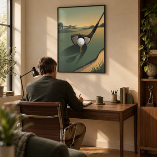 Golf Driver Art Print, framed on the wall of a compact home study for an adult golf enthusiast with a warm beige wall and oak floor