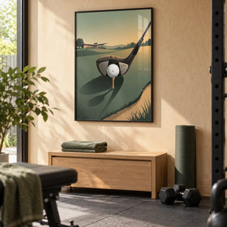 Golf Driver Art Print, framed on the wall of a modest garden-room home gym in a UK suburban home with a pale plywood wall and charcoal rubber floor