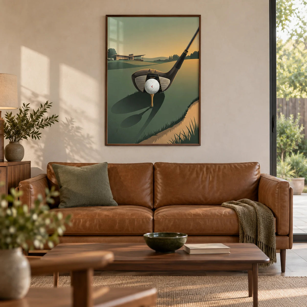 Golf Driver Art Print, framed on the wall of a warm modern living room in a UK semi-detached home with a pale plaster wall and walnut furniture