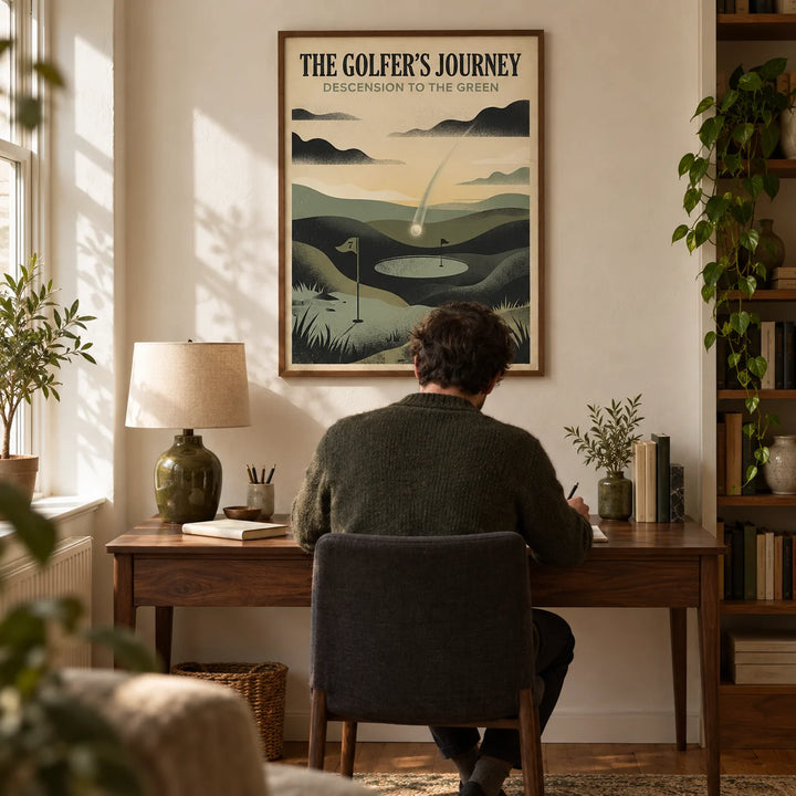 Golf Landscape Art Print, framed on the wall of a warm study in a UK terraced home with cream plaster walls and oak floorboards